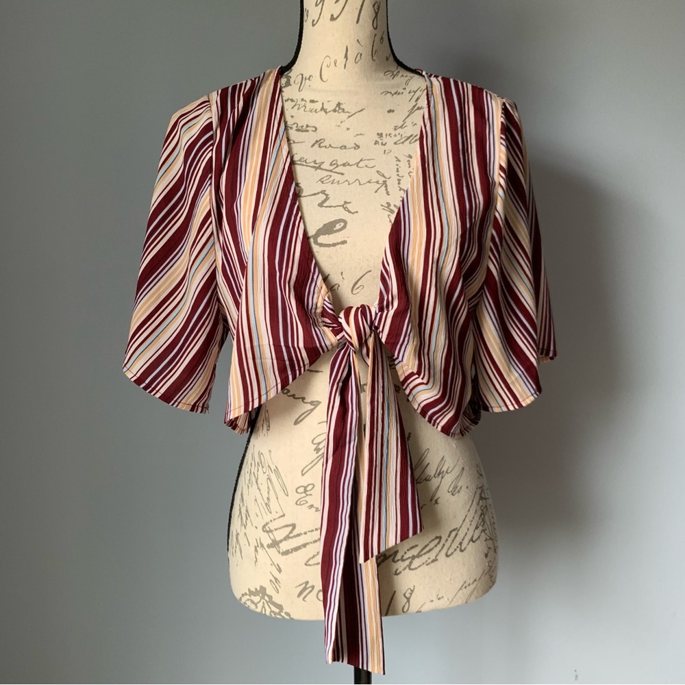 Striped cropped coverup with tie front by Moon River- Size medium